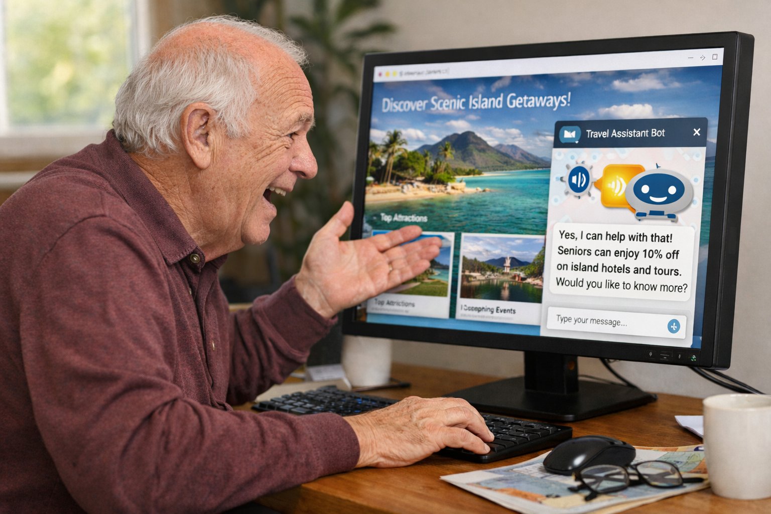 Happy senior using AI chatbot